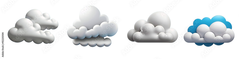 A set of 3D cloud icons in different colors and shapes, with a white background (no background). A set of 3D cloud icons in different colors and shapes, with a white background (no background).