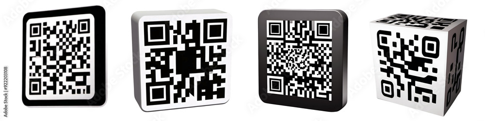 Set of 3D QR code icons in different colors and shapes, with white background (no background). Set of 3D QR code icons in different colors and shapes, with white background (no background).