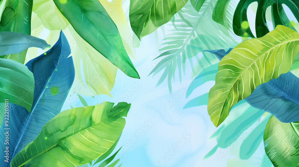 Fototapeta premium Tropical Oasis: pastel color background of Lush monstera leaves frame a tranquil blue sky, offering a serene escape to paradise. A vibrant collage of tropical leaves explodes with color.