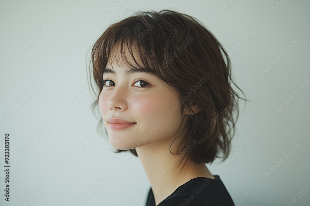 young asian woman with short hair smiling softly in natural light