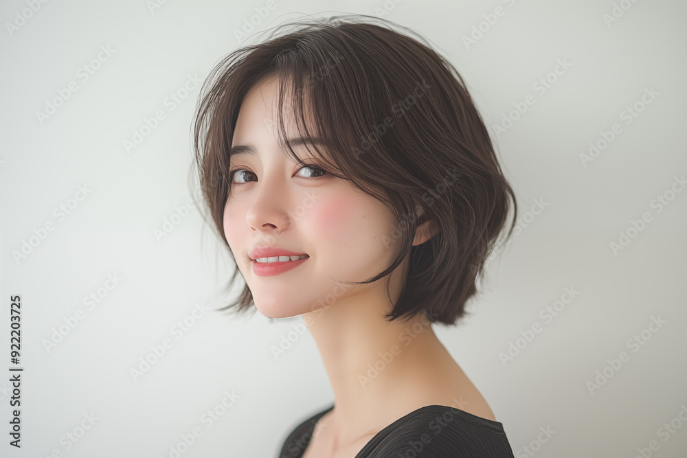young asian woman with short hair smiling softly in natural light young asian woman with short hair smiling softly in natural light