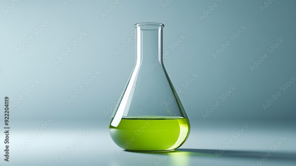 Glass Erlenmeyer flask, bright green liquid, clear container, scientific laboratory glassware, chemistry experiment, transparent reflections, minimalist background. Glass Erlenmeyer flask, bright green liquid, clear container, scientific laboratory glassware, chemistry experiment, transparent reflections, minimalist background.