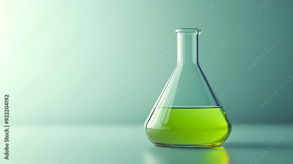 Glass Erlenmeyer flask, bright green liquid, clear container, scientific laboratory glassware, chemistry experiment, transparent reflections, minimalist background. Glass Erlenmeyer flask, bright green liquid, clear container, scientific laboratory glassware, chemistry experiment, transparent reflections, minimalist background.