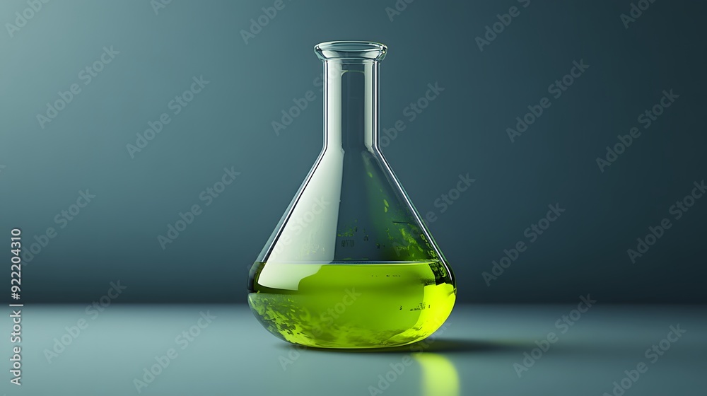 Glass Erlenmeyer flask, bright green liquid, clear container, scientific laboratory glassware, chemistry experiment, transparent reflections, minimalist background. Glass Erlenmeyer flask, bright green liquid, clear container, scientific laboratory glassware, chemistry experiment, transparent reflections, minimalist background.