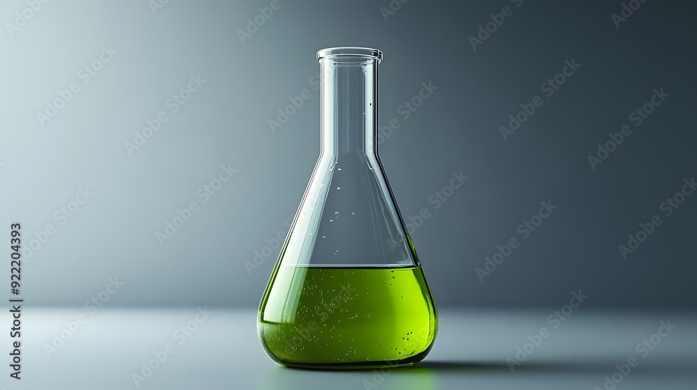 Glass Erlenmeyer flask, bright green liquid, clear container, scientific laboratory glassware, chemistry experiment, transparent reflections, minimalist background. Glass Erlenmeyer flask, bright green liquid, clear container, scientific laboratory glassware, chemistry experiment, transparent reflections, minimalist background.