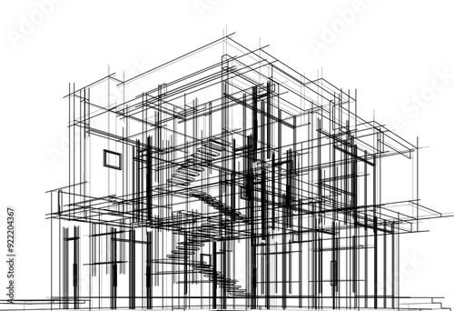 Modern house sketch vector 3d rendering