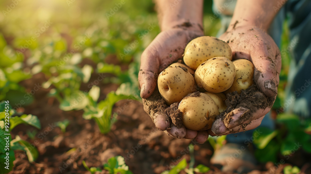 A pair of calloused hands, stained with the earth, cradle a handful of freshly harvested potatoes. A pair of calloused hands, stained with the earth, cradle a handful of freshly harvested potatoes.