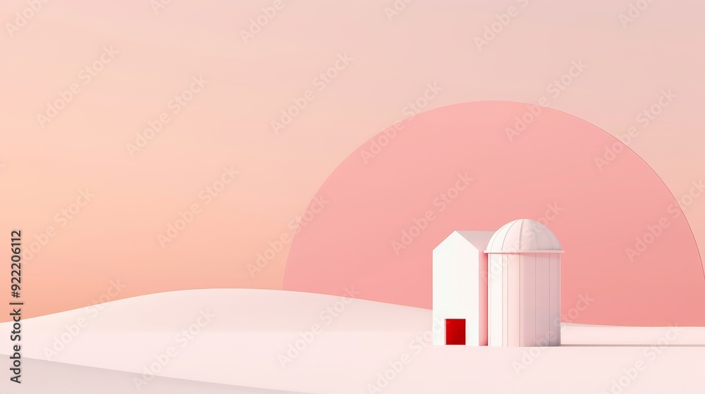 Barn with a silo on a plain background, minimalist approach, basic shapes, 2D vector, soft pastel tones