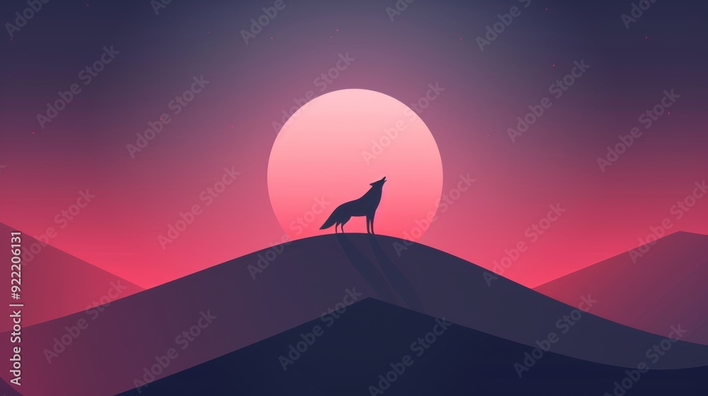 Naklejka premium Wolf howling at night, minimalist approach, basic shapes and lines, 2D vector illustration, soft gradients