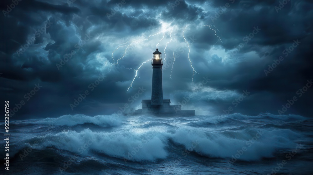 A dramatic lighthouse battles the storm, emitting light through dark clouds and crashing waves, symbolizing hope in chaos.