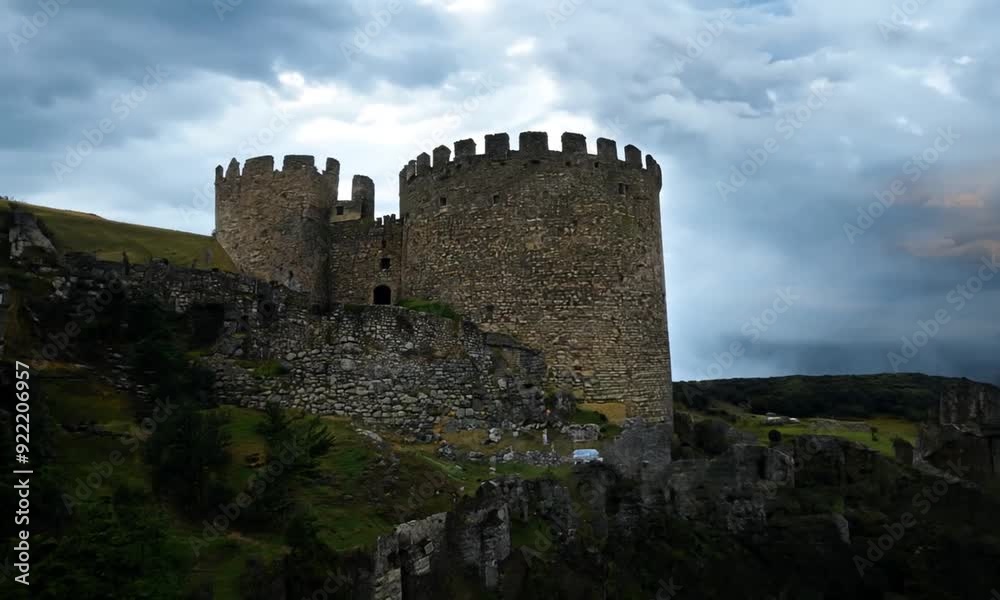 The wide panoramic shot shows a ruined, ancient castle in a mountainous, rocky terrain. The dramatic clouds in the sky emphasize the majesty and former glory of this historic place. The wide panoramic shot shows a ruined, ancient castle in a mountainous, rocky terrain. The dramatic clouds in the sky emphasize the majesty and former glory of this historic place.