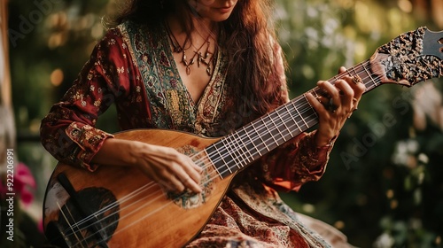 Woman Playing a Lute in a Floral Dress