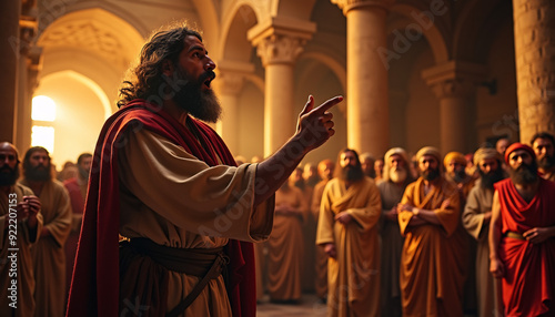 A passionate depiction of Apostle Paul fervently preaching the Gospel in an ancient synagogue, capturing the intensity and dedication of early Christian ministry. photo