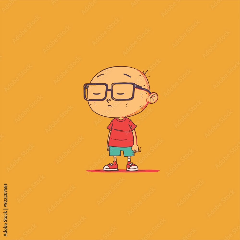 Cartoon character with glasses and red shirt, orange background.
Cartoon character with glasses and red shirt, orange background.