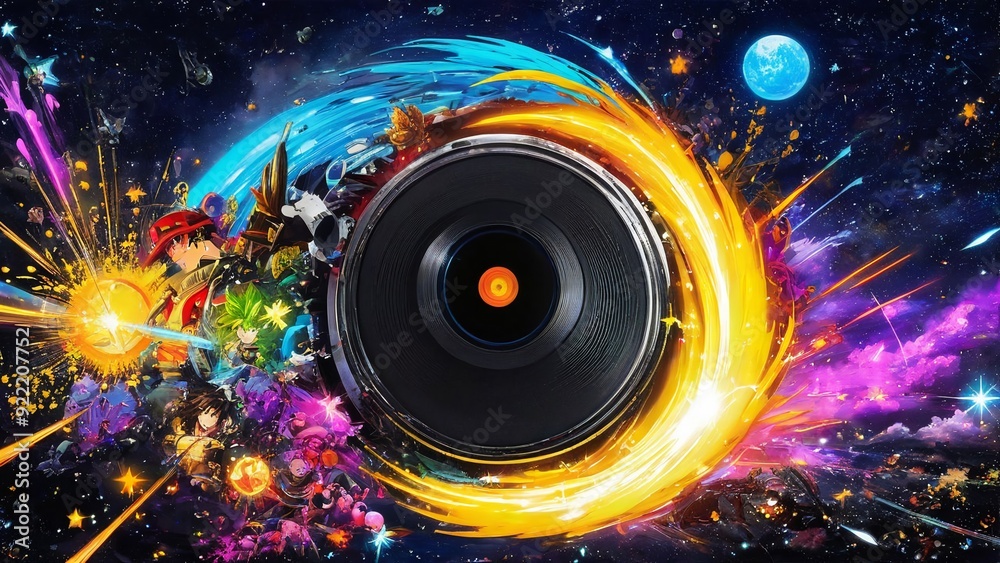 Obraz premium Gramophone with vinyl record and colorful fireworks in the night sky