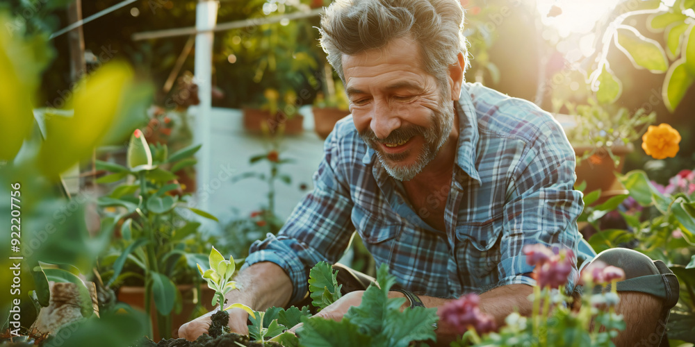 Fototapeta premium A man happily tends to his garden, surrounded by vibrant flowers and lush greenery. The sunlight bathes the scene in a warm glow,. caucasian man