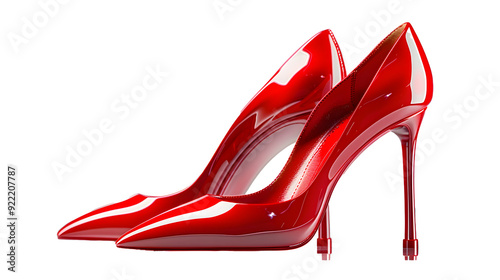 A Pair Of Red High Heels With A Stiletto Heel. The Shoes Are Made Of Shiny Patent Leather And Have A Pointed Toe.