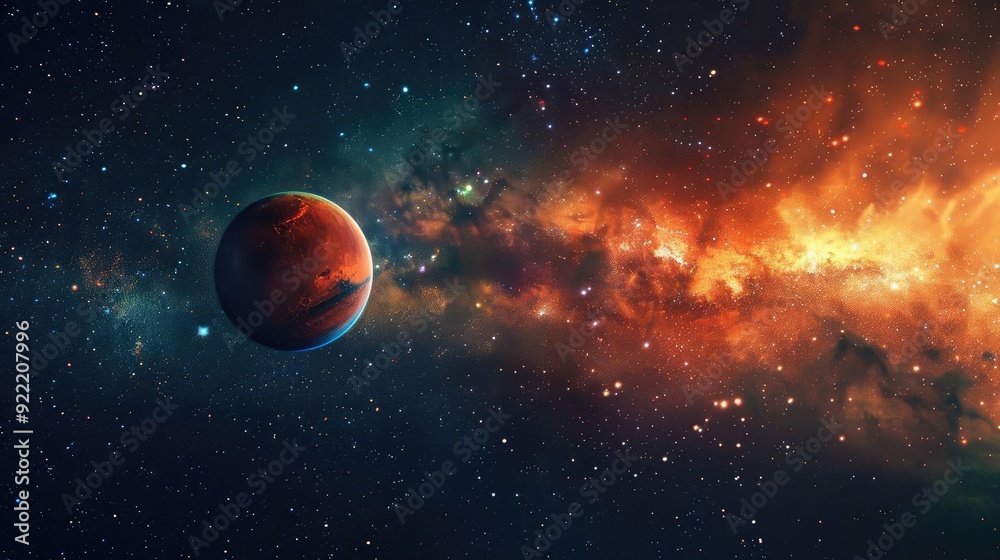 Obraz premium Stunning view of a distant planet against a vibrant cosmic background, illustrating the beauty and mystery of outer space.