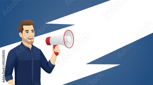 Young handsome man in casual outfit standing with megaphone and shouting. Vector illustration background