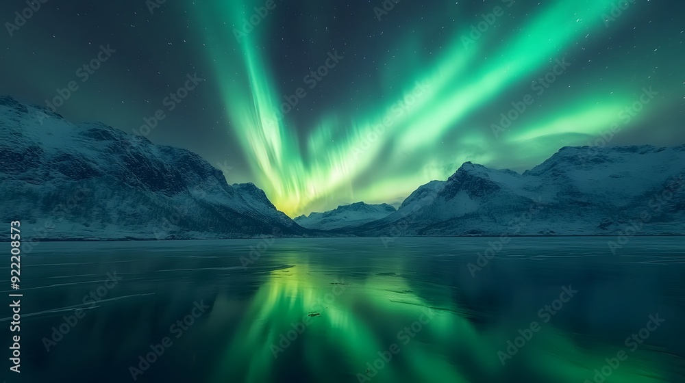 Northern lights over snowy mountain range, vivid green and purple aurora, starry night sky, reflections on icy lake, long exposure, wide-angle landscape, breathtaking natural phenomenon. Northern lights over snowy mountain range, vivid green and purple aurora, starry night sky, reflections on icy lake, long exposure, wide-angle landscape, breathtaking natural phenomenon.