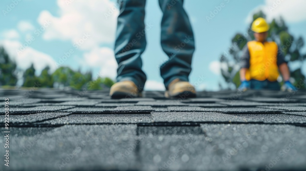 Two construction workers in hard hats securely installing new roofing shingles on a home s roof with a deep depth of field showing the surrounding landscape Two construction workers in hard hats securely installing new roofing shingles on a home s roof with a deep depth of field showing the surrounding landscape