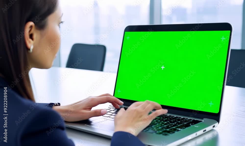 Macro Shot of Young Woman Testing Website on Laptop with Green Screen Macro Shot of Young Woman Testing Website on Laptop with Green Screen