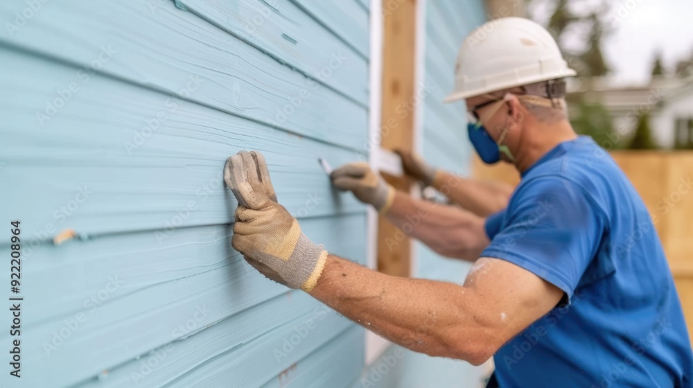Skilled construction worker carefully installing new exterior siding panels on the facade of a residential house Skilled construction worker carefully installing new exterior siding panels on the facade of a residential house