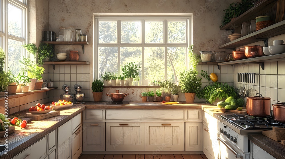 Rustic farmhouse kitchen, warm earthy tones, wooden countertops, vintage copper pots, fresh produce, natural light streaming through windows, cozy atmosphere. Rustic farmhouse kitchen, warm earthy tones, wooden countertops, vintage copper pots, fresh produce, natural light streaming through windows, cozy atmosphere.