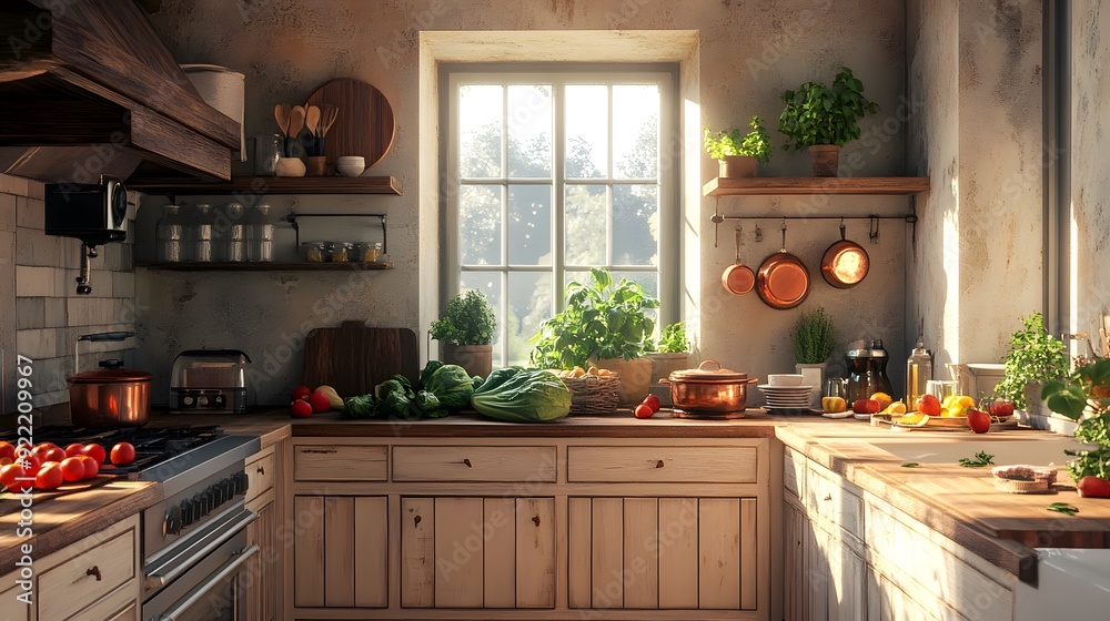 Rustic farmhouse kitchen, warm earthy tones, wooden countertops, vintage copper pots, fresh produce, natural light streaming through windows, cozy atmosphere.