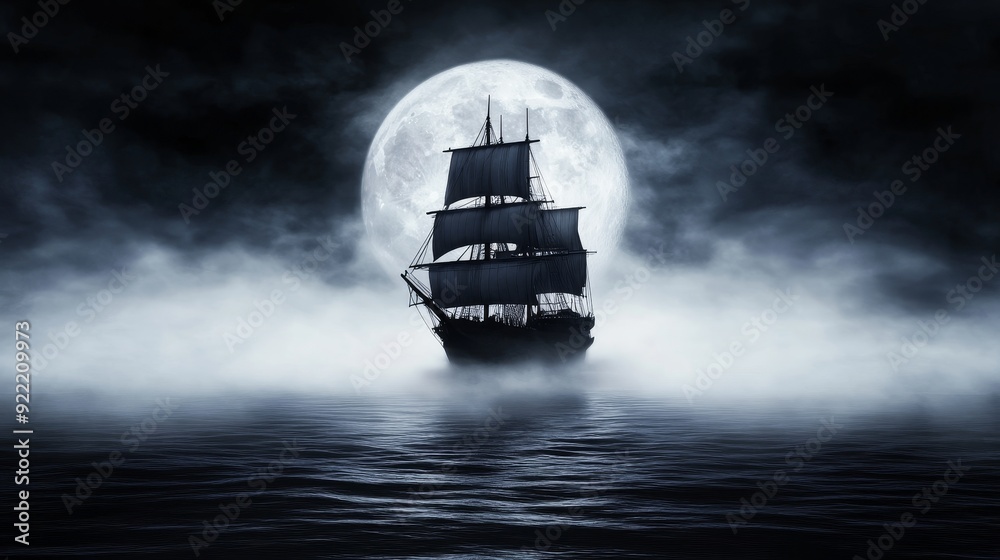 Obraz premium Apparition ship, luminous fog, spectral waves, moonlit night, supernatural maritime