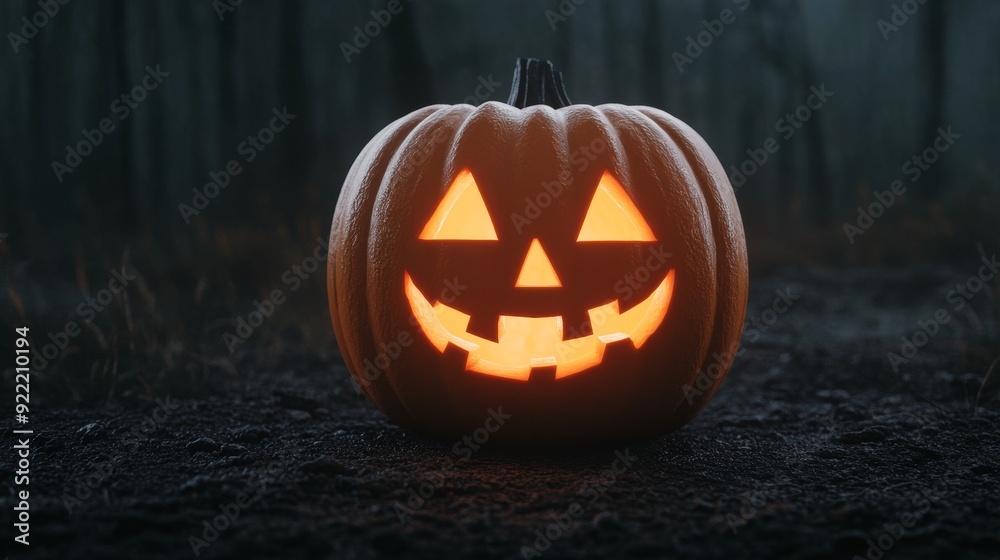 Obraz premium Carved pumpkin, dark forest trail, haunting glow, spooky Jack-o'-Lantern, night mist