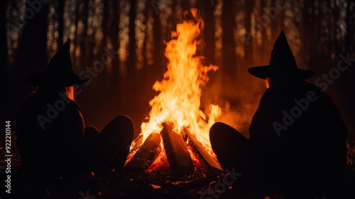 Bonfire circle, mystical witches, shadow play, illuminated night sky