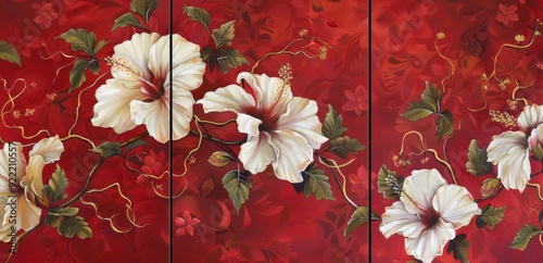 Set of 3 wall art panels with blooming hibiscus vines swirling around, painting on a deep crimson background, close up, split into three on white background  photo