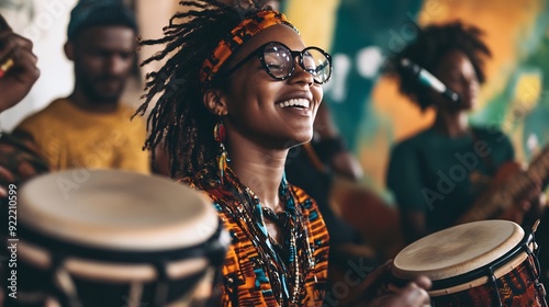Joyful Musician with Dreads and Glasses Plays the Drums