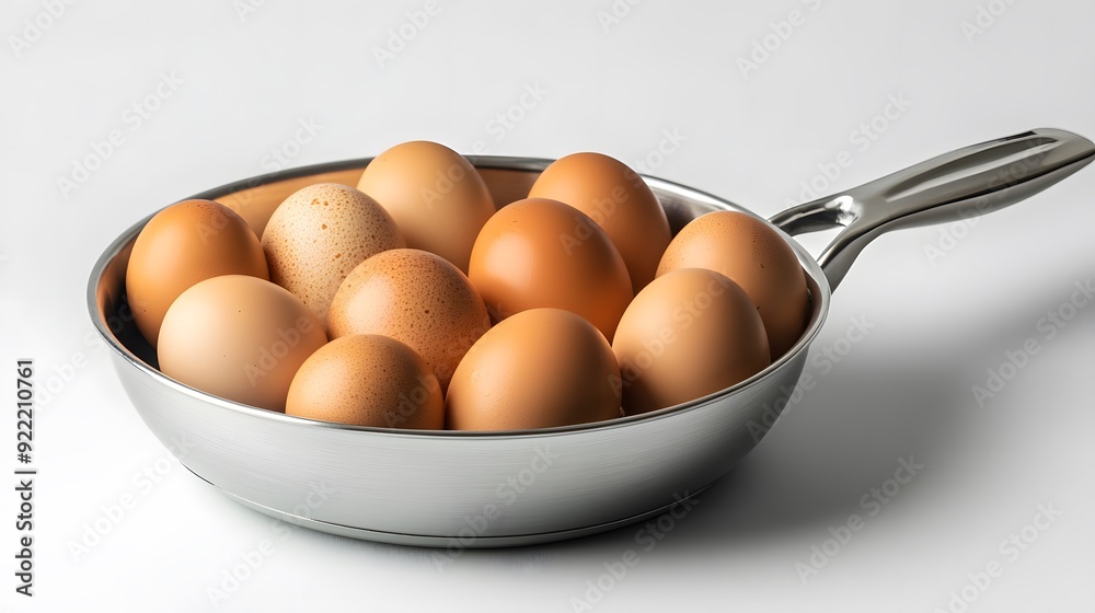 Stainless steel frying pan with handle, several brown eggs inside, crisp focus, studio lighting, pure white background, product photography. Stainless steel frying pan with handle, several brown eggs inside, crisp focus, studio lighting, pure white background, product photography.