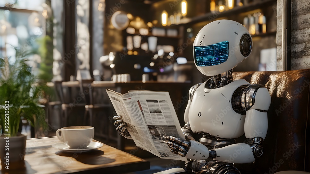 Robot Enjoying Coffee and Newspaper in a Cozy Cafe Robot Enjoying Coffee and Newspaper in a Cozy Cafe