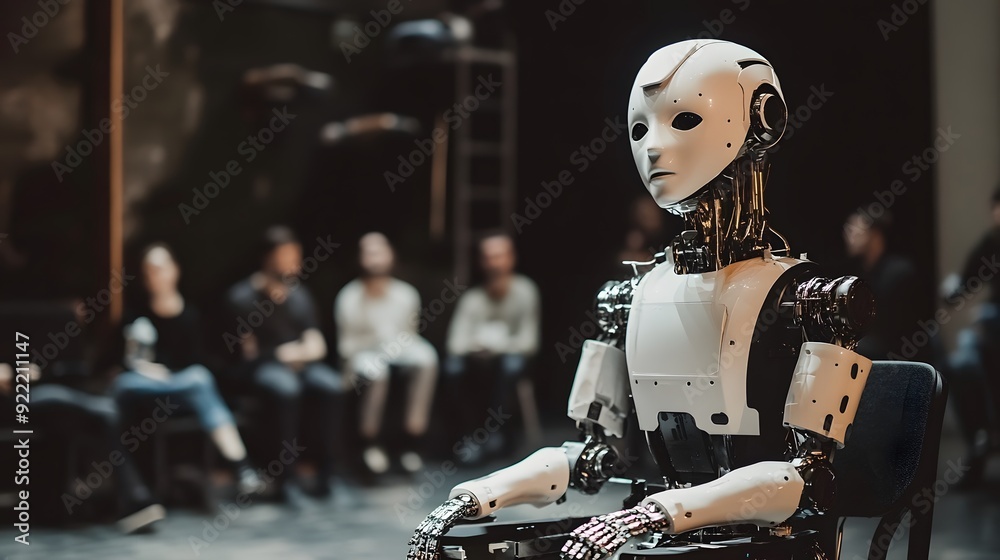 Fototapeta premium AI Robot Performing On Stage in a Theater Play Production
