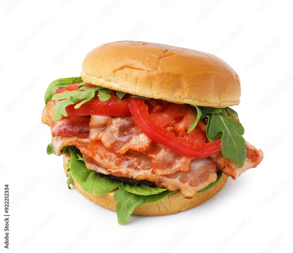 Delicious burger with bacon, tomato and greens isolated on white