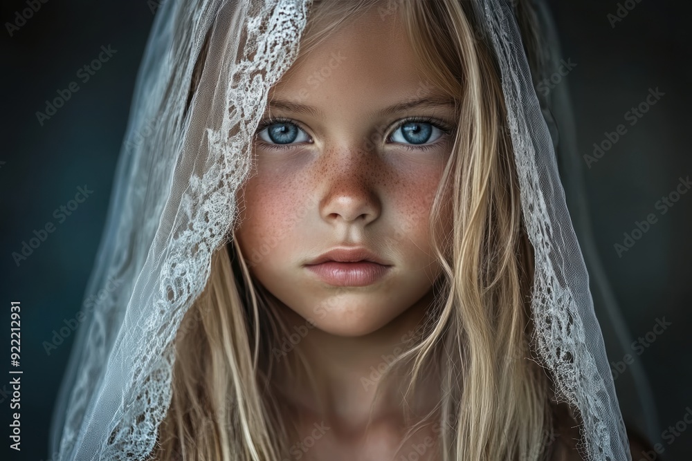Serene blue-eyed girl with lace veil portrait Serene blue-eyed girl with lace veil portrait