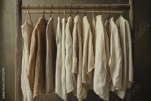 Rustic linen clothes hanging on wooden rack in natural tones