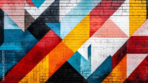 Vibrant street art mural, urban brick wall, bold primary colors, abstract geometric shapes, graffiti style, gritty texture, high contrast, wide-angle shot, photorealistic. photo