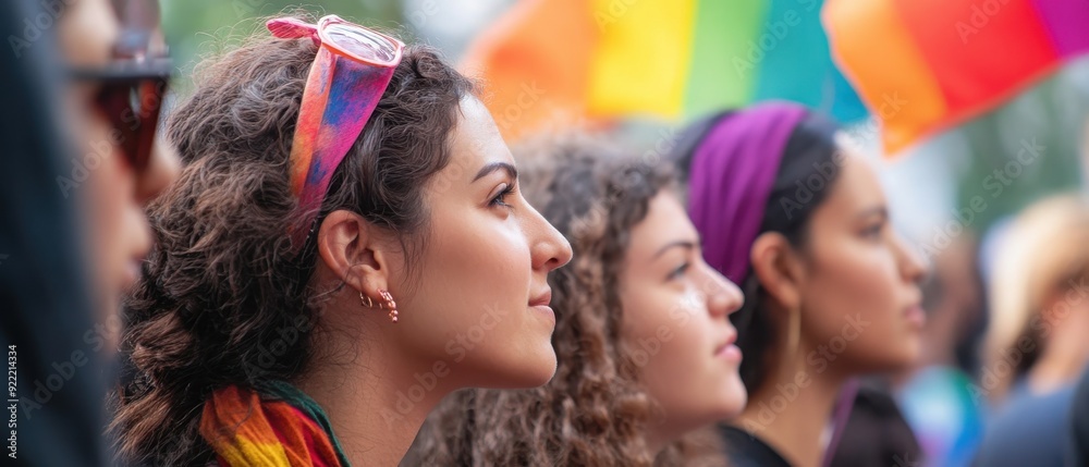 A vibrant scene of individuals at a celebration, showcasing diversity and unity with colorful flags and expressions of joy. A vibrant scene of individuals at a celebration, showcasing diversity and unity with colorful flags and expressions of joy.