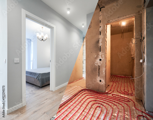 Comparison of old flat with underfloor heating pipes and new renovated apartment with gray walls. Photo collage of apartment hallway and bedroom before and after restoration. photo