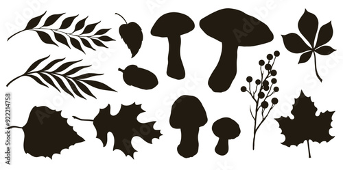 Forest vegetation set stickers monochrome