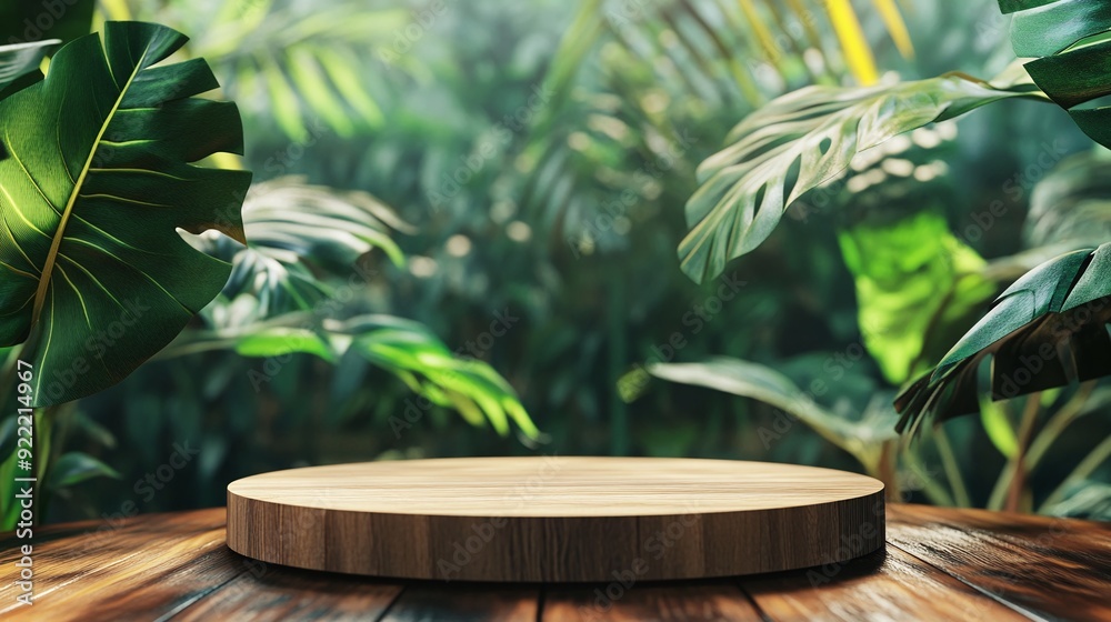 3D render of a wooden podium display amidst a lush green jungle background for product showcase 3D render of a wooden podium display amidst a lush green jungle background for product showcase