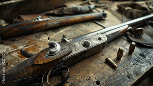 A dramatic close-up of a vintage shotgun, with worn wood and polished metal, resting on a rustic wooden table, surrounded by hunting gear and outdoor elements