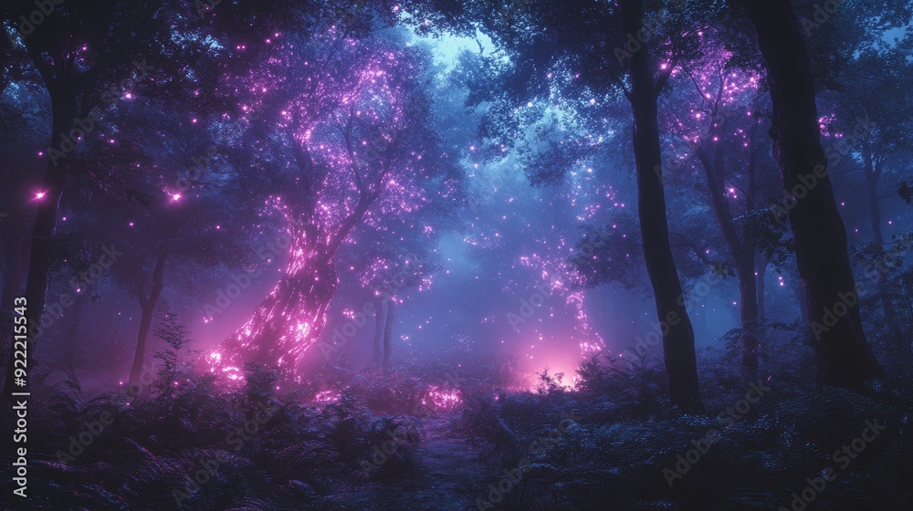 Ghostly forest, neon holograms, dark woods, misty holographic fog Ghostly forest, neon holograms, dark woods, misty holographic fog