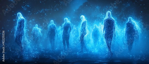 Ghostly figures, holographic apparitions, ethereal gathering, neon blue glow, futuristic dimension photo