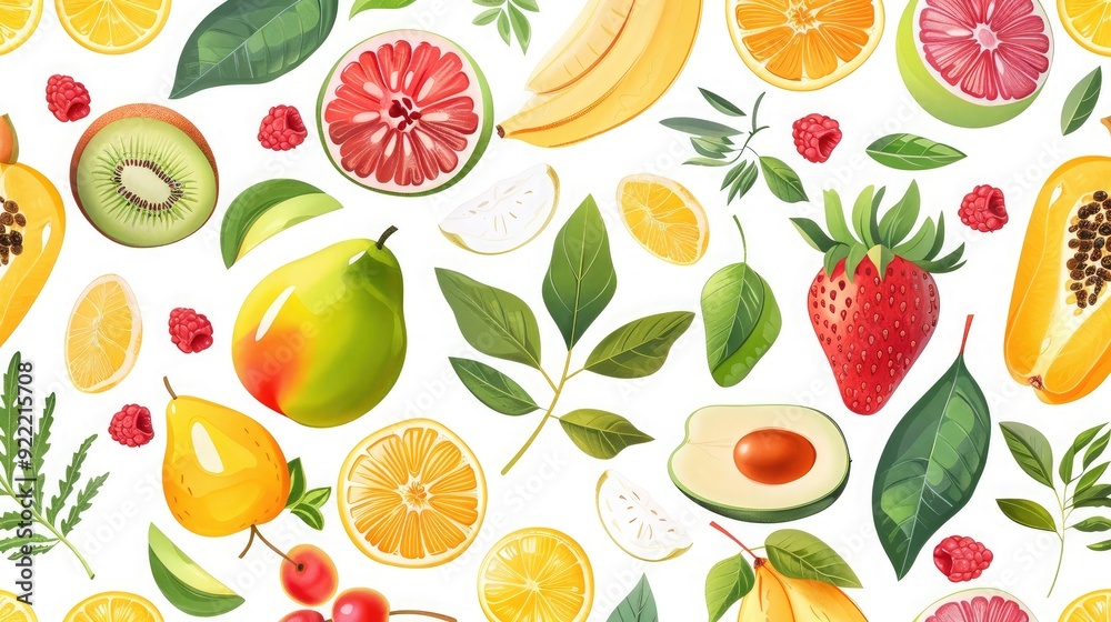 Fresh and bright seamless pattern of assorted fruits and leaves. Fresh and bright seamless pattern of assorted fruits and leaves.