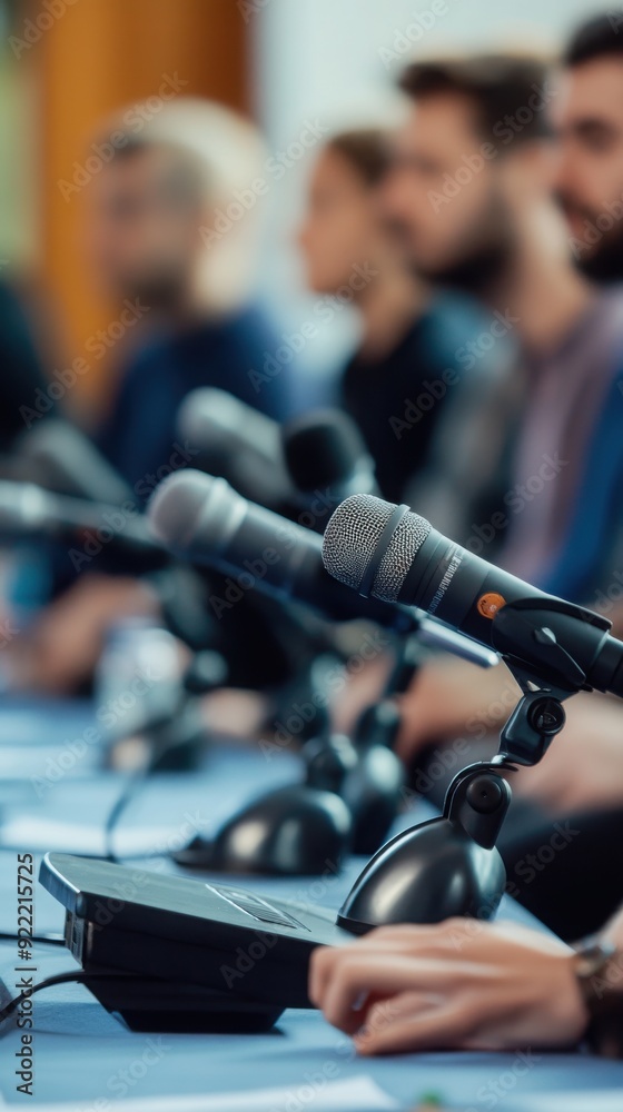 Fototapeta premium Close-up of microphones and participants at a conference, capturing the essence of communication and dialogue in a professional setting.